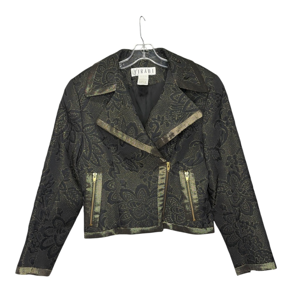 Virani Vintage Metallic Gold Black Brocade Floral Moto Jacket Size 8 5054SFB